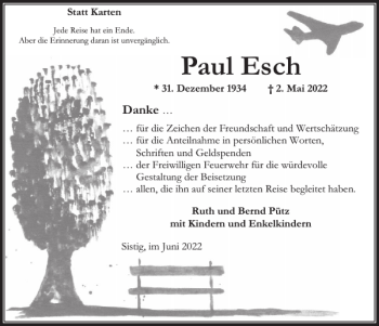 Traueranzeige von Paul Esch von WochenSpiegel