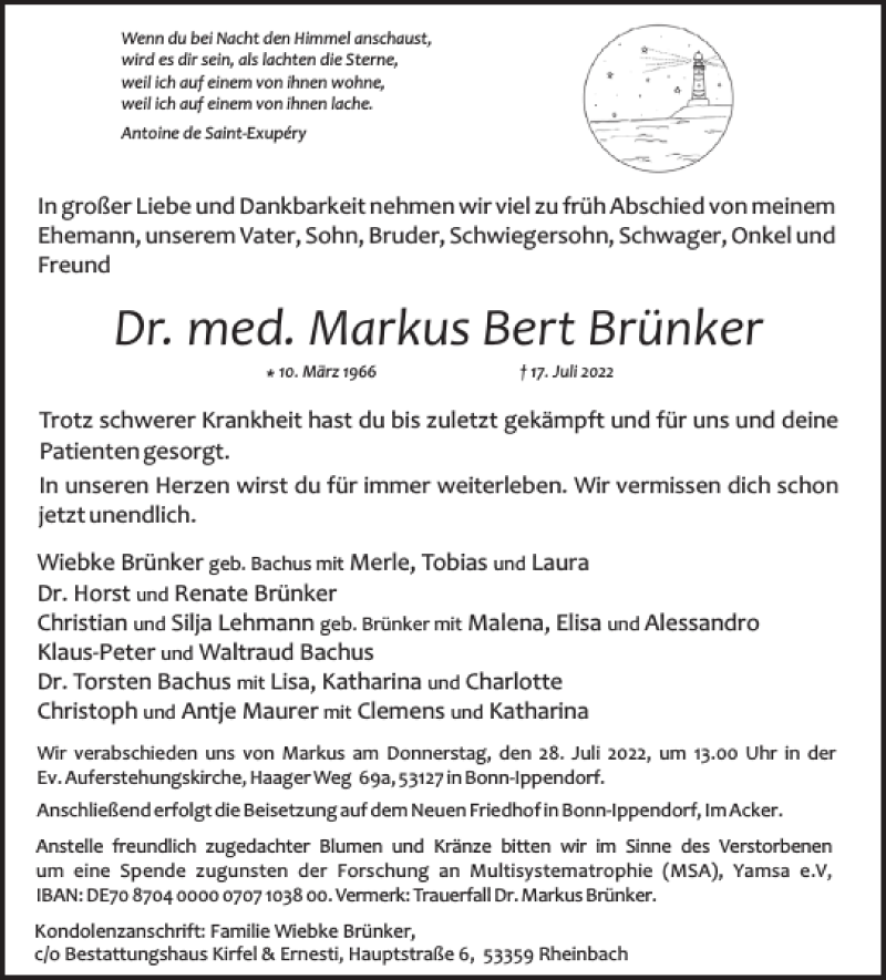  Traueranzeige für Dr. med. Markus Bert Brünker vom 27.07.2022 aus WochenSpiegel