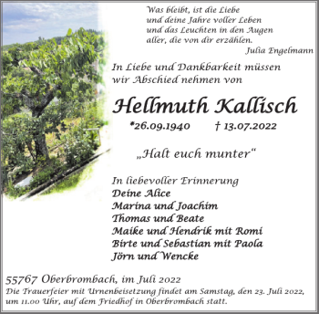 Traueranzeige von Hellmuth Kallisch von WochenSpiegel