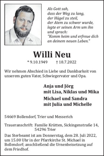 Traueranzeige von Willi Neu von WochenSpiegel