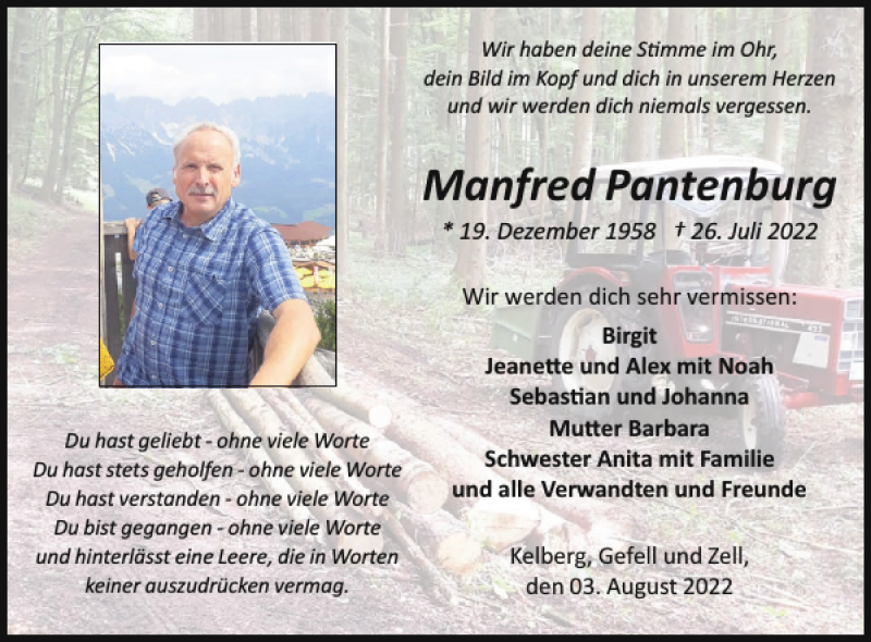  Traueranzeige für Manfred Pantenburg vom 06.08.2022 aus WochenSpiegel