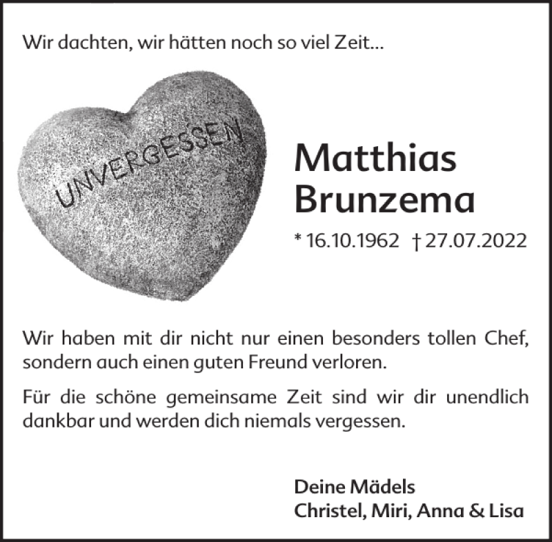  Traueranzeige für Matthias Brunzema vom 03.08.2022 aus WochenSpiegel