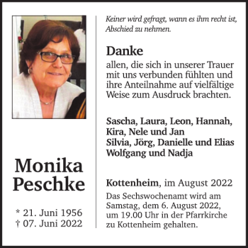 Traueranzeige von Monika Peschke von WochenSpiegel