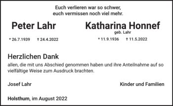 Traueranzeige von Peter Lahr Katharina Honnef von WochenSpiegel