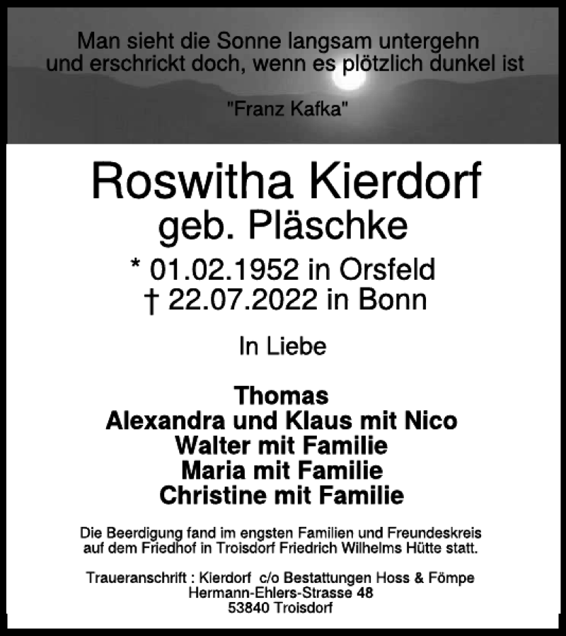  Traueranzeige für Roswitha Kierdorf vom 05.08.2022 aus WochenSpiegel