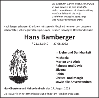 Traueranzeige von Hans Bamberger von WochenSpiegel