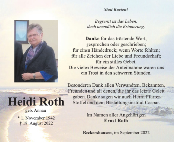 Traueranzeige von Heidi Roth von WochenSpiegel