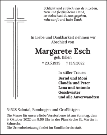 Traueranzeige von Margarete Esch von WochenSpiegel