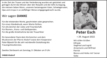 Traueranzeige von Peter Esch von WochenSpiegel