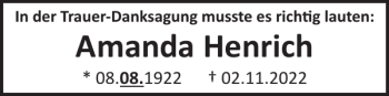 Traueranzeige von Amanda Henrich von WochenSpiegel