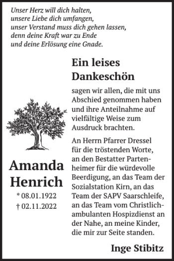 Traueranzeige von Amanda Henrich von WochenSpiegel