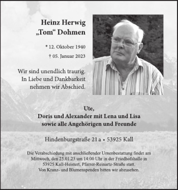 Traueranzeige von Heinz Herwig Tom Dohmen von WochenSpiegel