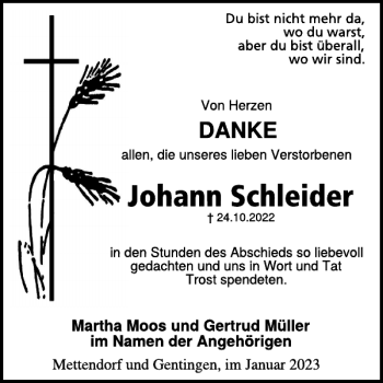 Traueranzeige von Johann Schleider von WochenSpiegel