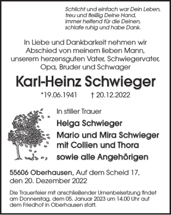 Traueranzeige von Karl-Heinz Schwieger von WochenSpiegel