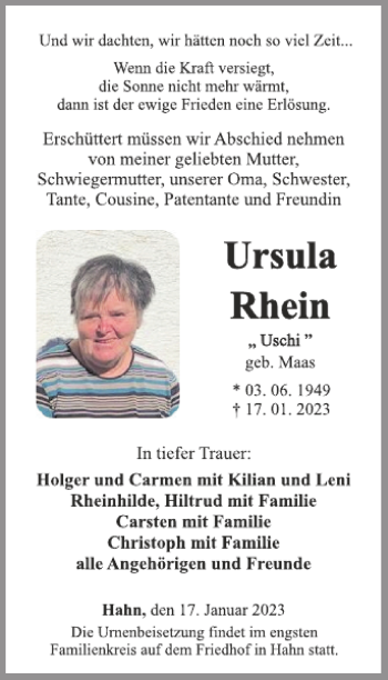 Traueranzeige von Ursula Rhein von WochenSpiegel