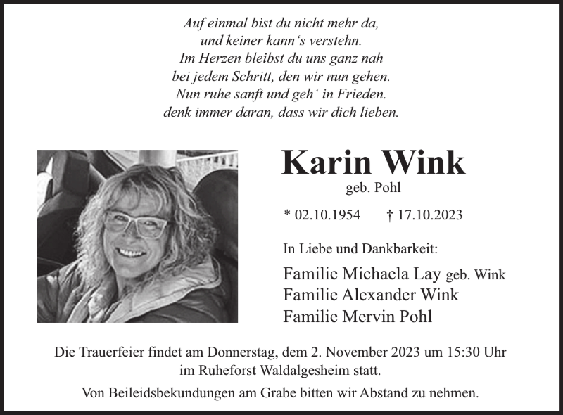  Traueranzeige für Karin Wink vom 25.10.2023 aus WochenSpiegel