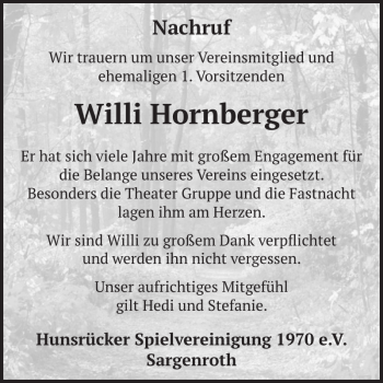 Traueranzeige von Willi Hornberger von WochenSpiegel