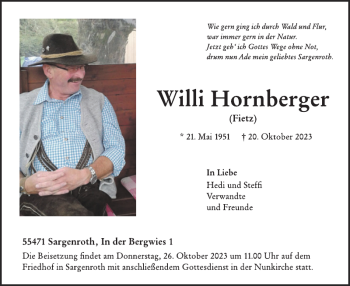 Traueranzeige von Willi Hornberger von WochenSpiegel