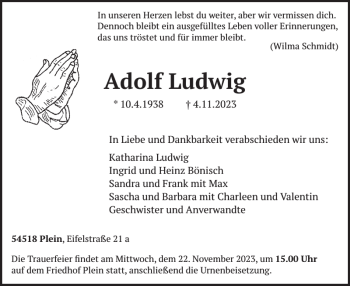 Traueranzeige von Adolf Ludwig von Wochenspiegel