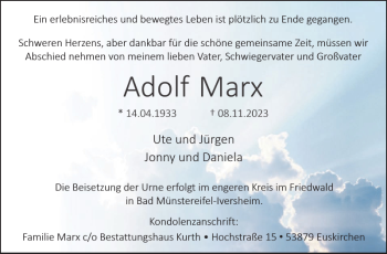 Traueranzeige von Adolf Marx von Wochenspiegel