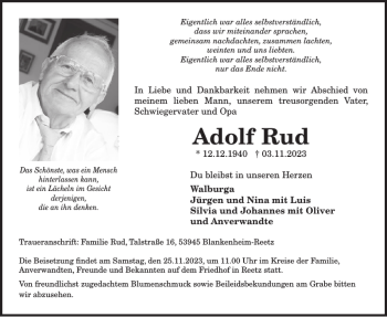 Traueranzeige von Adolf Rud von Wochenspiegel