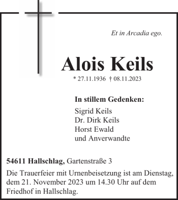 Traueranzeige von Alois Keils von Wochenspiegel