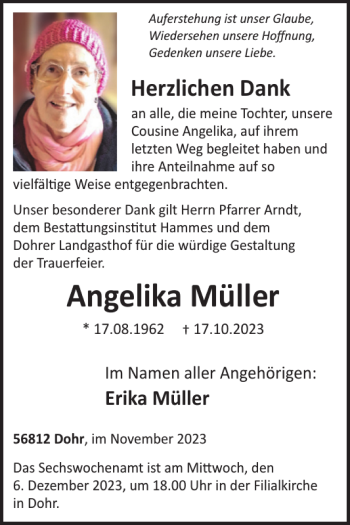 Traueranzeige von Angelika Müller von Wochenspiegel