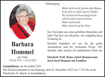 Traueranzeige von Barbara Hommel von Wochenspiegel
