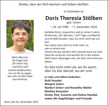 Traueranzeige von Doris Theresia Stölben von Wochenspiegel