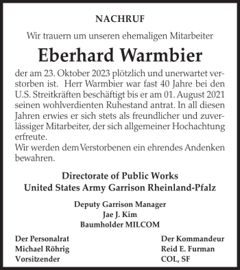 Traueranzeige von Eberhard Warmbier von Wochenspiegel