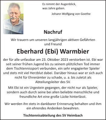 Traueranzeige von Eberhard Ebi Warmbier von Wochenspiegel