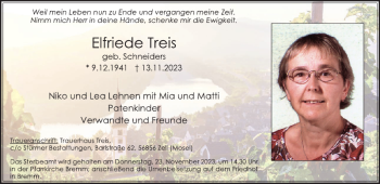 Traueranzeige von Elfriede Treis von Wochenspiegel