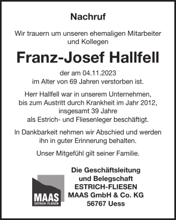 Traueranzeige von Franz-Josef Hallfell von Wochenspiegel
