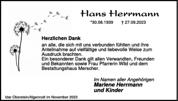 Traueranzeige von Hans Herrmann von Wochenspiegel