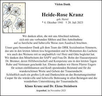 Traueranzeige von Heide-Rose Kranz von Wochenspiegel