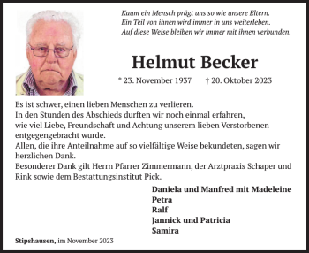 Traueranzeige von Helmut Becker von Wochenspiegel