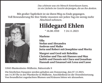 Traueranzeige von Hildegard Ehlen von Wochenspiegel