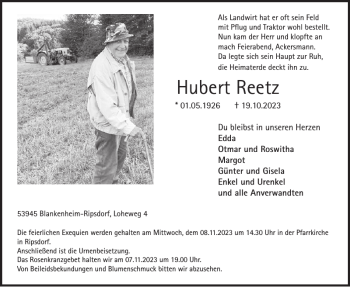 Traueranzeige von Hubert Reetz von WochenSpiegel