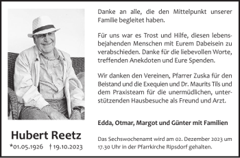 Traueranzeige von Hubert Reetz von Wochenspiegel