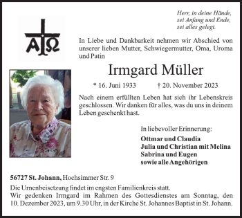 Traueranzeige von Irmgard Müller von Wochenspiegel