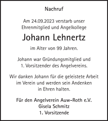 Traueranzeige von Johann Lehnertz von Wochenspiegel