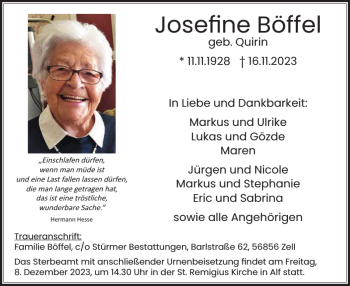 Traueranzeige von Josefine Böffel von Wochenspiegel