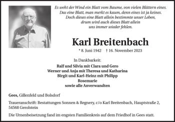 Traueranzeige von Karl Breitenbach von Wochenspiegel
