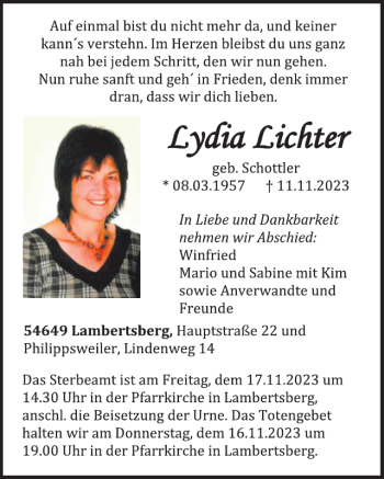 Traueranzeige von Lydia Lichter von Wochenspiegel