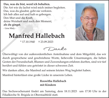 Traueranzeige von Manfred Hallebach von Wochenspiegel