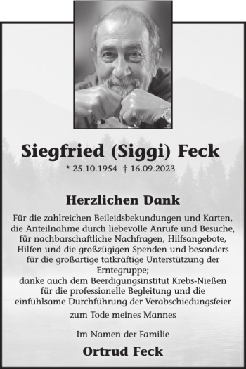 Traueranzeige von Siegfried Siggi Feck von Wochenspiegel