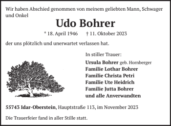 Traueranzeige von Udo Bohrer von Wochenspiegel