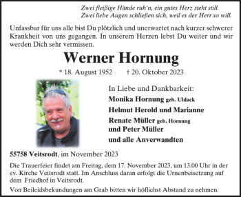 Traueranzeige von Werner Hornung von Wochenspiegel