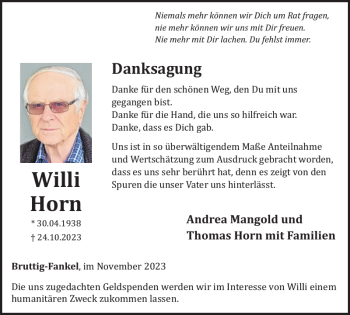 Traueranzeige von Willi Horn von Wochenspiegel