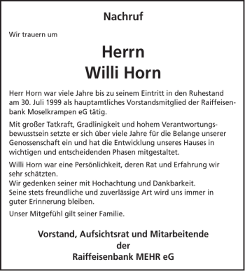 Traueranzeige von Willi Horn von Wochenspiegel